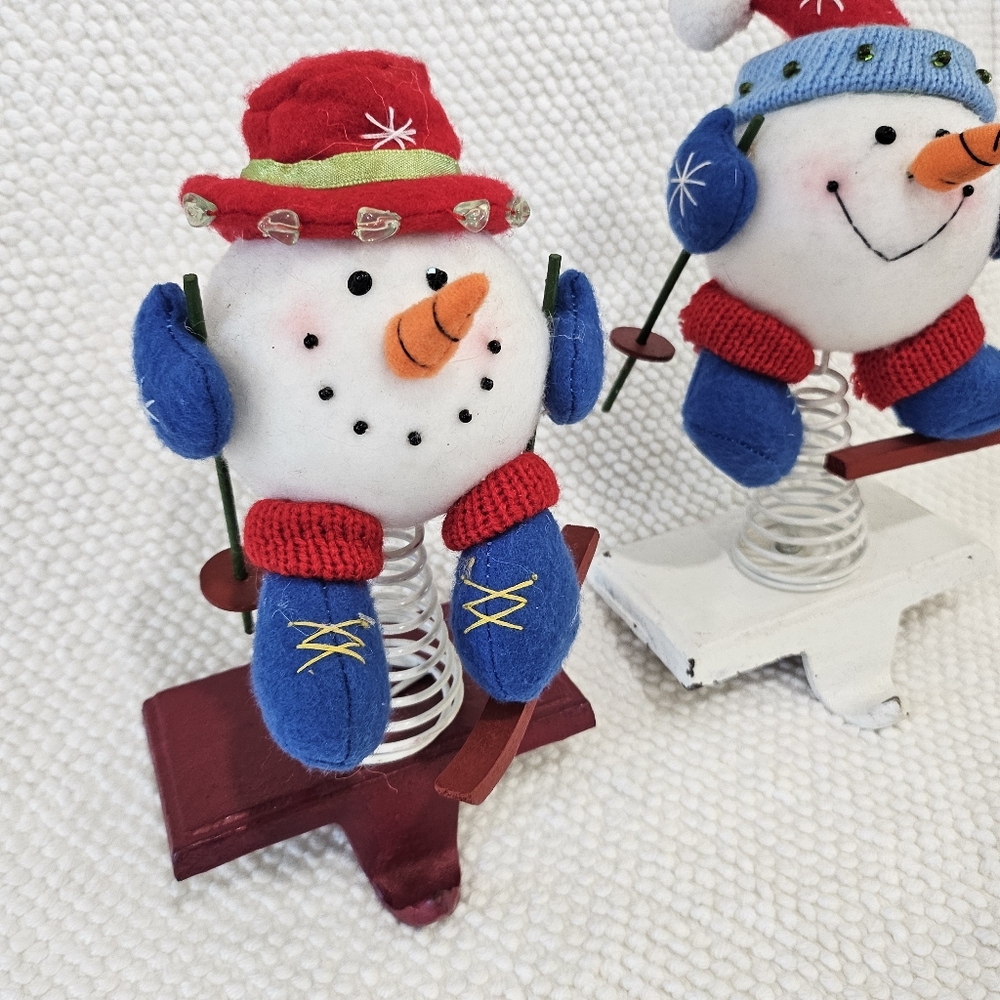 Skiing Snowman Stocking Holders Set Mr & Mrs Handmade Metal Set - Picture 4 of 12